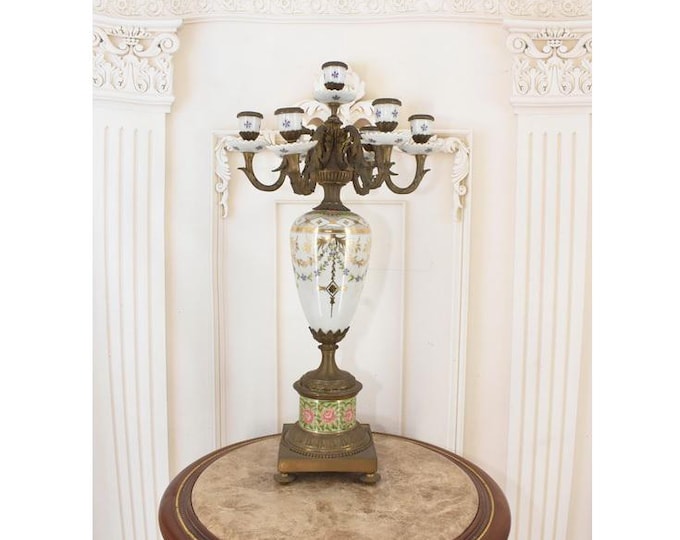 Antique French Porcelain Candlestick With Bronze Mounts – 1920s Art Nouveau Candle Holder – Unique Antique Decor