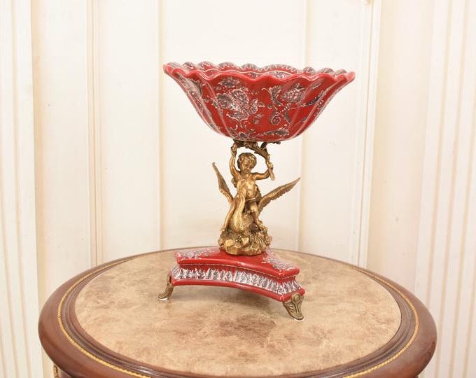 Vintage Red Porcelain Plateau Bowl — Cupid on Swan — Bronze Ormolu Mounts — Unique Centerpiece Decor