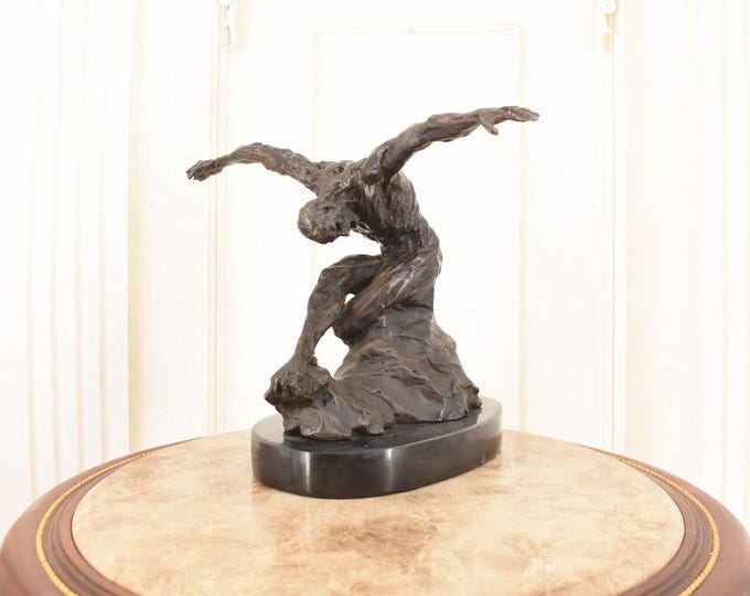 Vintage Modernist Bronze Sculpture – Seated Male Figure on Rock – French Abstract Art