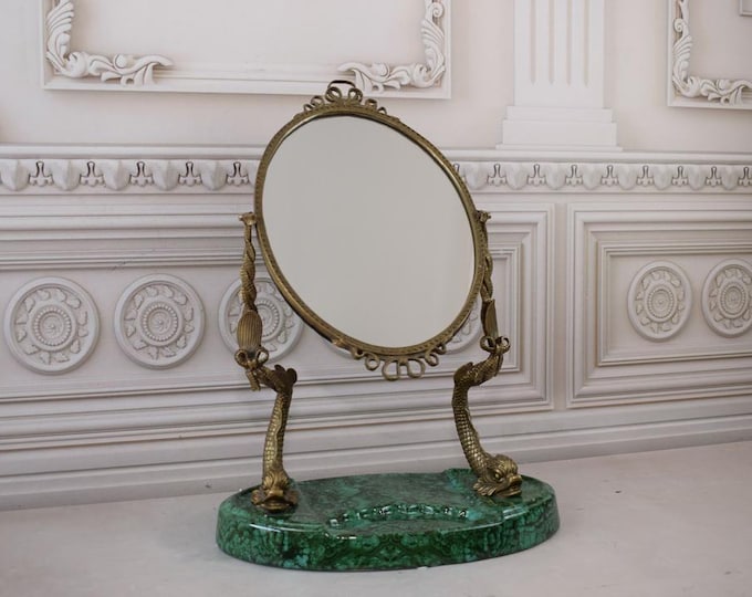 Very Rare Bronze Mirror - Stand Desk -  Two Fishes Design - Bronze and Malachit - Vintage Mirror - Cristal Mirror - Gift for Wedding