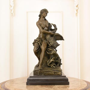 Bronze Leda and the Swan Sculpture: Greek Mythology Art Deco Figurine