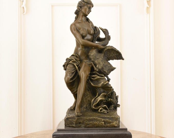 Bronze Sculpture – Leda, Queen of Sparta, and the Swan | Greek Mythology Art Deco Nude Figurine | Classical Collectible Home Decor