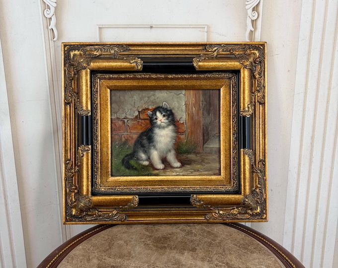 Vintage Sitting Cat Painting - Elegant Cat Portrait - Ornate Gold Frame - Classic Animal Wall Art