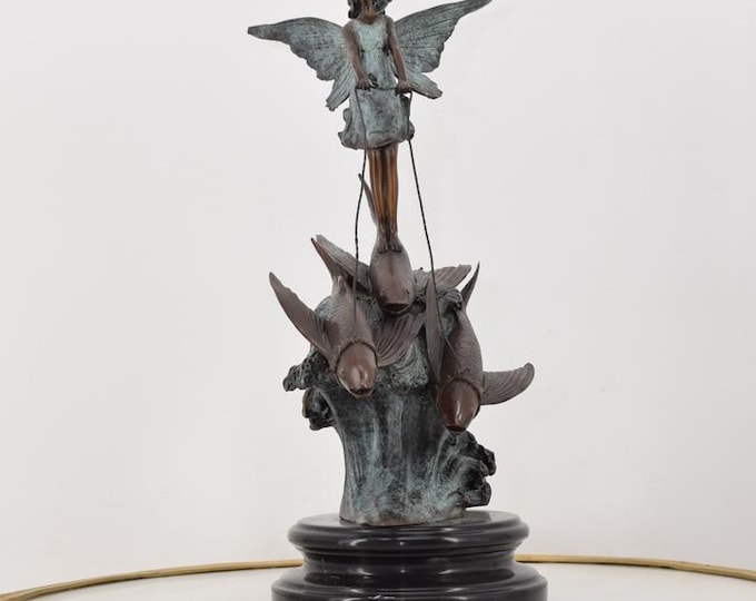 Premium Bronze Thumbelina with Dolphins & Elf – Patinated Sculpture with Marble Base - Unique Fantasy Art - Home Decor - Gift Idea
