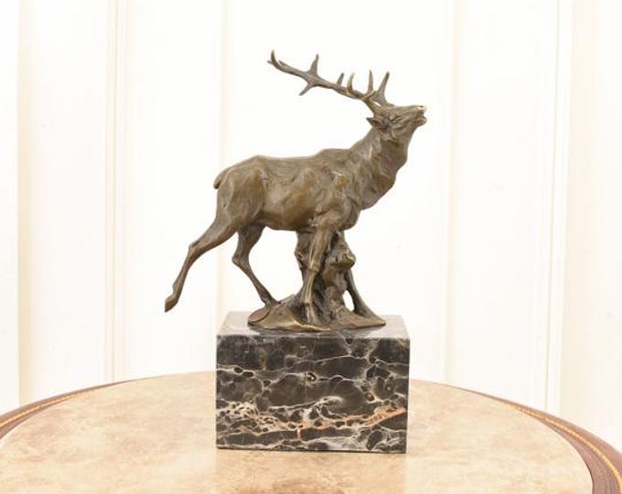 Roaring Deer Bronze Sculpture on Marble Base - Hunting Decor
