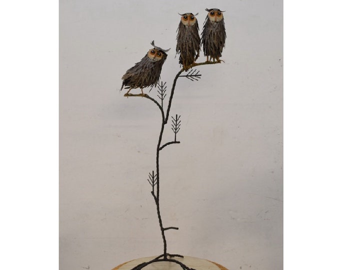 Wonderful Three Owls on Branch - Metal Owl - Metal Handmade Figure - Elegant Owl Art Deco Statue - Home and Garden Decor - Gift Idea