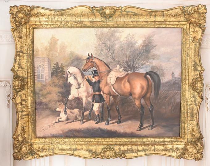 Jockey Woman with Horses, Antique Frame - Vintage Kossak Style Horse Painting –