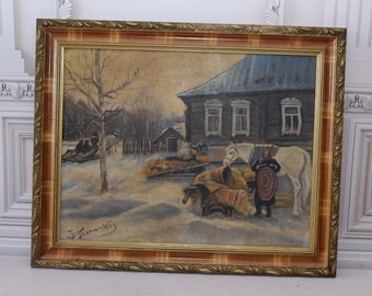 Vintage Winter Landscape Oil Painting: Polish Rural Scene