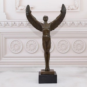 Icarus Bronze Sculpture on Marble Base - Vintage Figurine - Mythological Statue - Winged Man Act - Luxury Gift - Home Decor