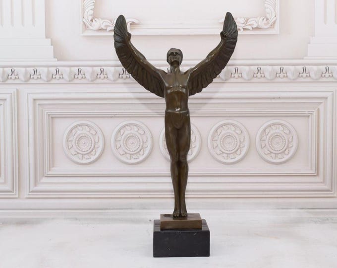 Icarus Bronze Sculpture on Marble Base - Vintage Figurine - Mythological Statue - Winged Man Act - Luxury Gift - Home Decor
