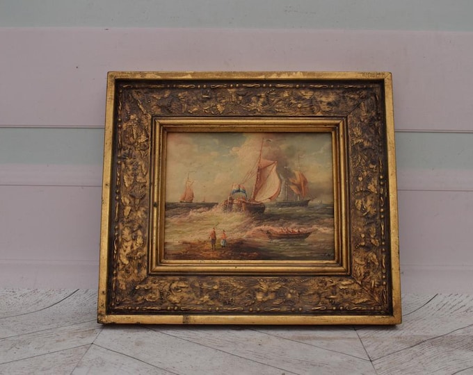 Vintage Painting Boat on Sea - Painting with Gold Frame - Sea Lovers Art - Painting HandMade Wall Decor - Home Decor - Gift Idea