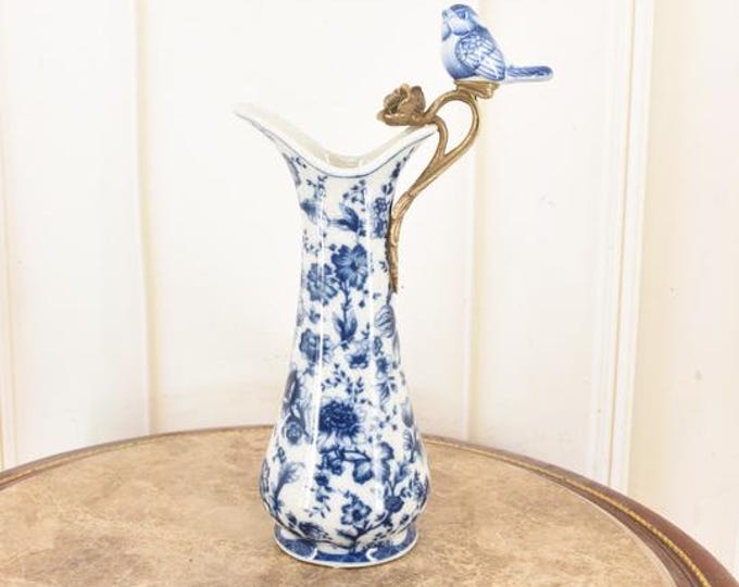 Art Nouveau Porcelain Wine Jug: Bronze Bird Handle, Floral Carafe