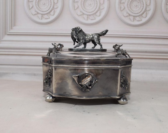 Antique Silver Sugar Box - Hunting Sugar Bowl Dog with Rabbit - Imperial Russia Silver - Tsar Silver - Collector Item Unique Gift Home Decor
