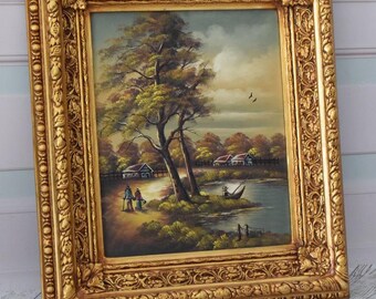 アンティーク　油絵　風景画 金色フレーム付き ヴィンテージフランスの村の絵画：ゴールドフレーム、ヨーロッパの風景