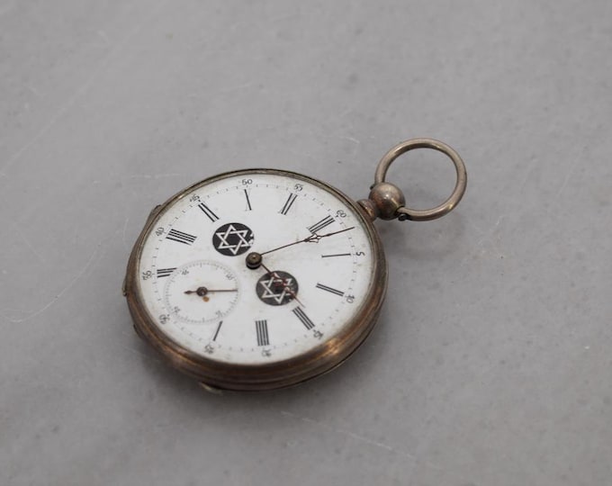 Antique Silver Judaica Pocket Watch Enamel Detail – Wind-Up Clock – No Glass, No Key – Non-Working – Restoration Piece – Gift for Collectors
