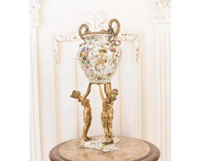 Vintage Porcelain Fruit Bowl – Three Girls Holding Amphora – Bronze Mounted Centerpiece – Elegant European Decorative Art Collectible