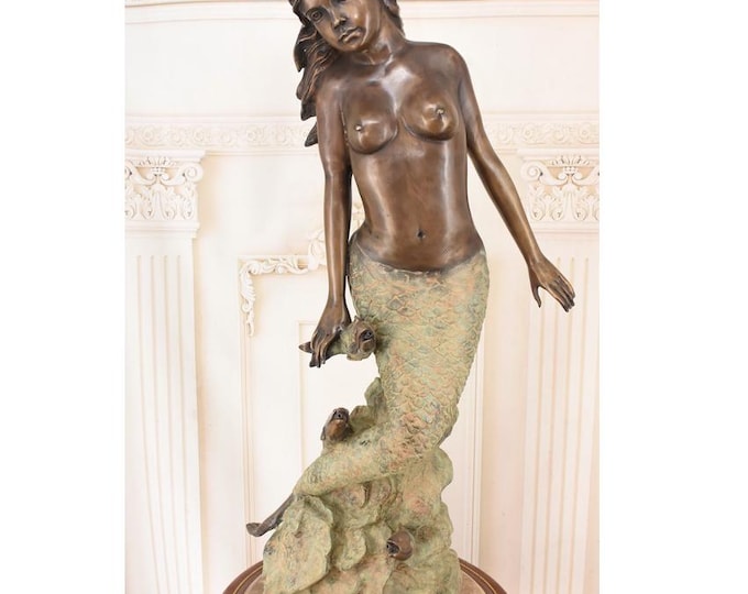 Vintage Bronze Mermaid Fountain – French Garden Sculpture with Fish