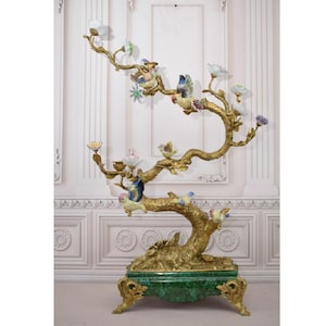 VERY LARGE Green Candlestick Birds on a Branch - Porcelain and Bronze Ornaments - Colorful Candleholder - Art Nouveau Home Decor - Gift Idea