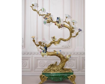 XXL Art Nouveau Bronze & Porcelain Bird Candlestick