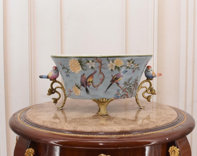 Porcelain Bowl with Bronze Ornaments - Birds Porcelain - Blue Plateau Antique Porcelain - Home Decor - Gift for Wedding, Birthday