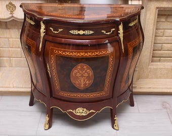 French Louis XVI Commode — Marquetry Inlay Chest of Drawers — Brass Mounts — Elegant Antique Furniture