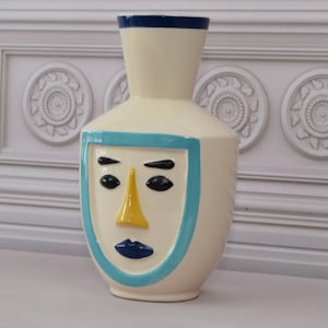 Unique Expressive Vase - Funny Face Flower Vase - Vallauris 1960 Style - Porcelain Painted Vase - Ceramic Vase - Home Decor Gift for Wedding