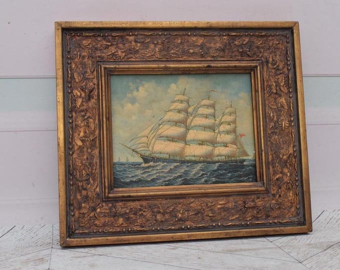 Vintage Painting Boat on Sea - Painting with Gold Frame - Sea Lovers Art - Painting HandMade Wall Decor - Home Decor - Gift Idea