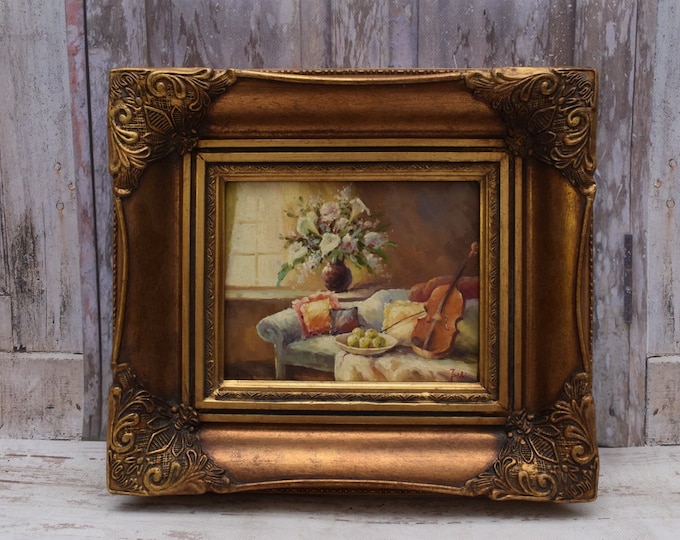 Wonderful Painting Flowers on Table - Violin - Painting with Golden Frame - Interior of the Old House Painting Art Work - Wall Decor