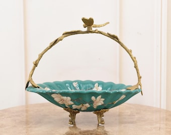 Blue Porcelain Bowl with Bronze Mounts – Dragonfly & Floral Motif – Unique Vintage Centerpiece – Elegant Decorative Art