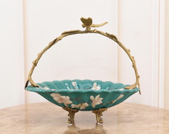 Blue Porcelain Bowl with Bronze Mounts – Dragonfly & Floral Motif – Unique Vintage Centerpiece – Elegant Decorative Art