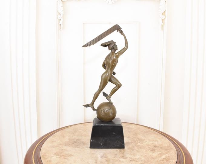 Hermes Bronze Sculpture – Standing on Globe – Signed French Vintage Figurine – Limited Edition – Bronze on Marble Base