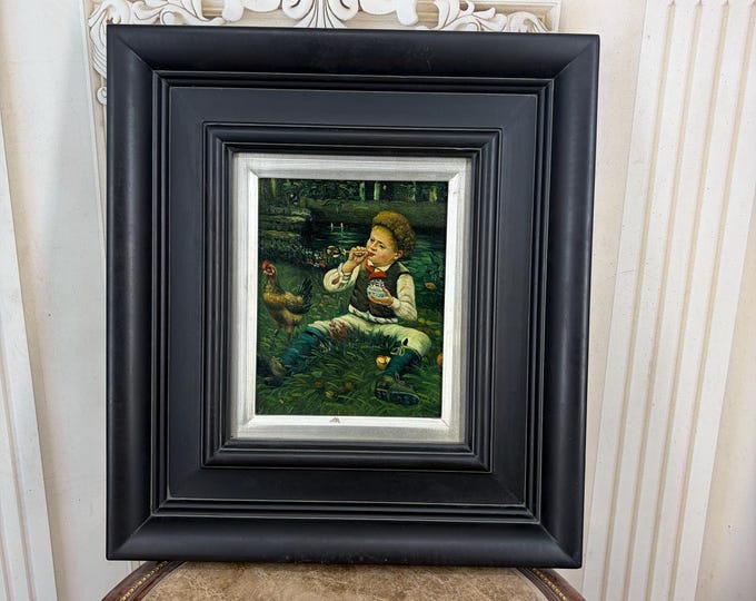 Vintage Wood Painting: Boy with Hen in Meadow, Black Framed Rustic Wall Art