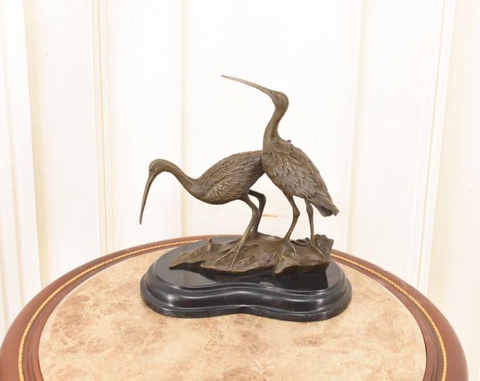 Bronze Herons Sculpture – Signed French Style Figurine, Vintage Marble Base Statue