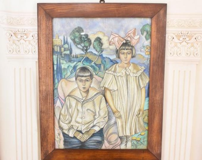 Antique Painting – Brother and Sister Portrait – Witkacy Style – Old Painting on Carton