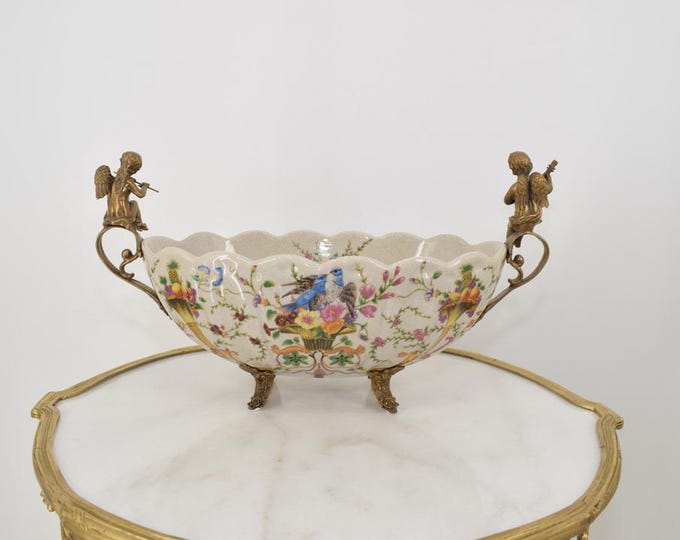 Large Amazing Porcelain Bowl - Bronze Ornaments Angels - Plateau Porcelain Vintage - Luxury Bowl - Playing Angels - Gift for Birthday