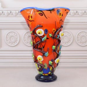 Unique Orange Vase Murano Style Glass - Handcrafted Flower Pot - Vase with Seashells Design - Gift Idea for Her - Italian Glass - Home Decor