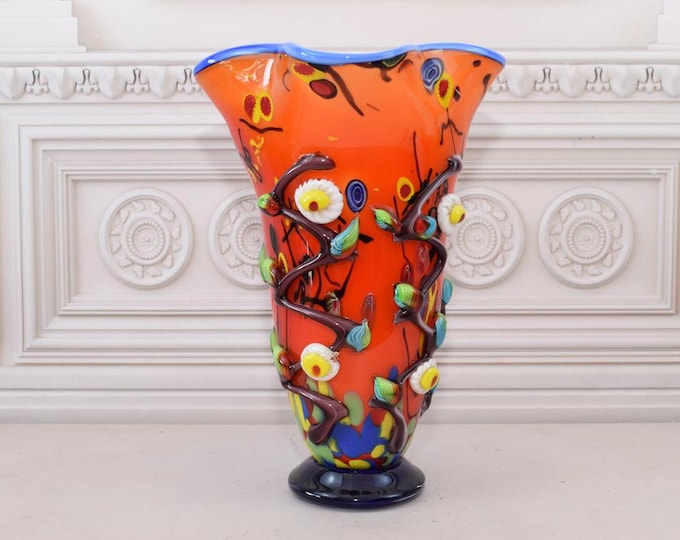 Unique Orange Vase Murano Style Glass - Handcrafted Flower Pot - Vase with Seashells Design - Gift Idea for Her - Italian Glass - Home Decor