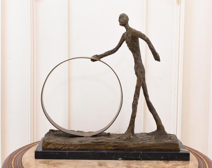 Giacometti Style Bronze Sculpture: Walking Man with Wheel, Vintage Modern Art