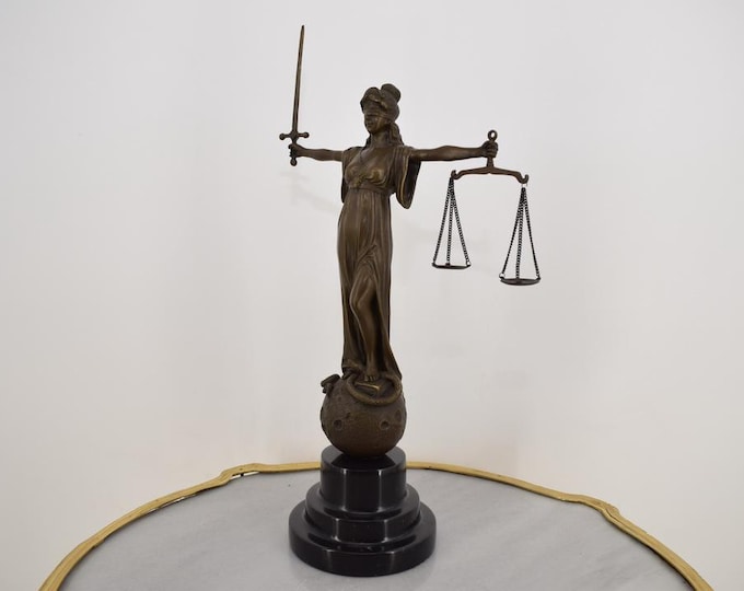 Bronze Lady Justice Statue – Sword Raised & Scales – Themis Figurine – Gift for Lawyer – Office Decor – Garden or Home Display