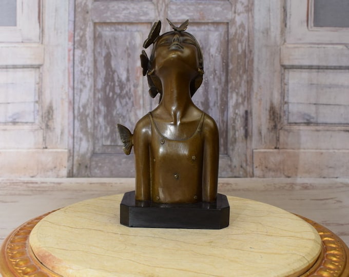 Girl with Butterflies on Head Bronze Art Work - Louis Collet Style - Modernist Bronze Sculpture Woman - Abstract Figurine - Home Decor Gift