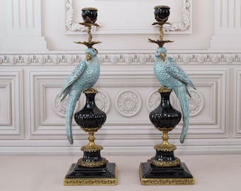 Lot De 2 Bougeoirs Perroquets Style Antique - Porcelaine Et Bronze - Aubaho