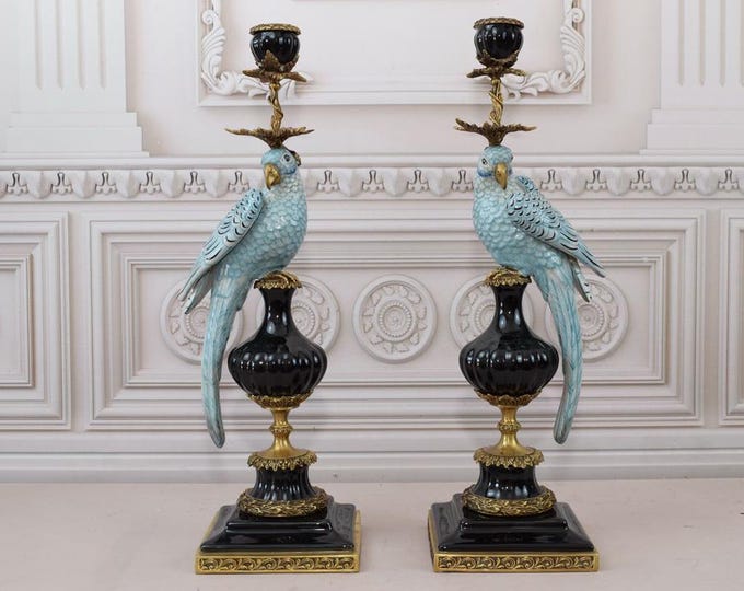 Blue Pair Parrots Porcelain and Bronze Candlestick, Regency Candlestick, Boho Decor, Blue Parrots Statues, Exclusive Porcelain - Gift Idea