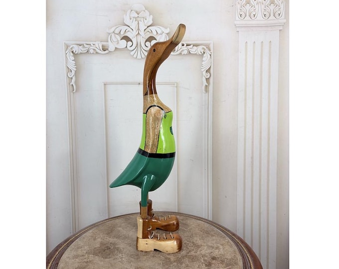 Vintage Teak Wood Duck Gardener Figurine - Hand Painted Wooden Duck Statue
