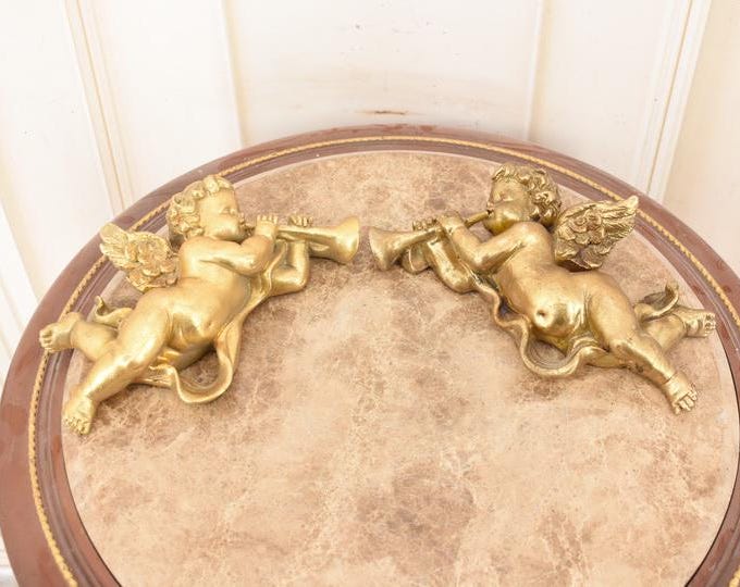 Vintage Gold Relief Playing Angels Wall Decor – Resin Figurines Set