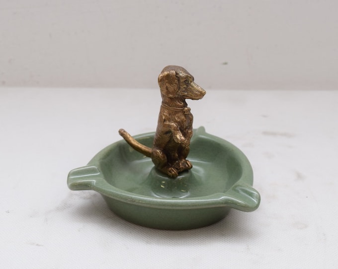 Painted Green Porcelain Casket - Bowl Plateau Dachshund Art Nouveau Vintage Gift -