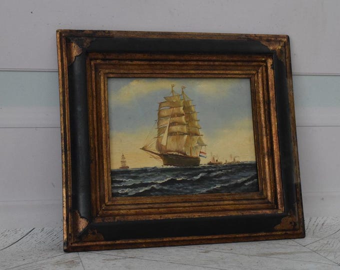 Vintage Painting Boat on Sea - Painting with Unique Frame - Sea Lovers Art - Painting HandMade Wall Decor - Home Decor - Gift Idea