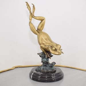 Gilded Bronze Jumping Frog On Marble Base, Signed Parisian Sculpture – French Art Deco Vintage Figure, Collector’s Home Decor