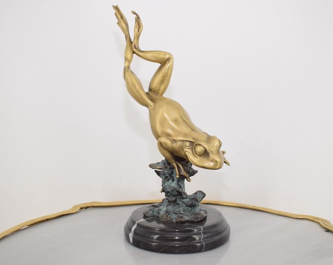 Gilded Bronze Jumping Frog On Marble Base, Signed Parisian Sculpture – French Art Deco Vintage Figure, Collector’s Home Decor
