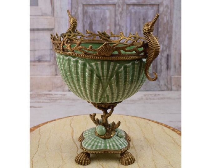 Green Porcelain Fruit Plate - Sea Horses Bronze Ornaments Art Nouveau - Plateau Porcelain Vintage - Luxury Bowl - Regency Decor - Home Decor