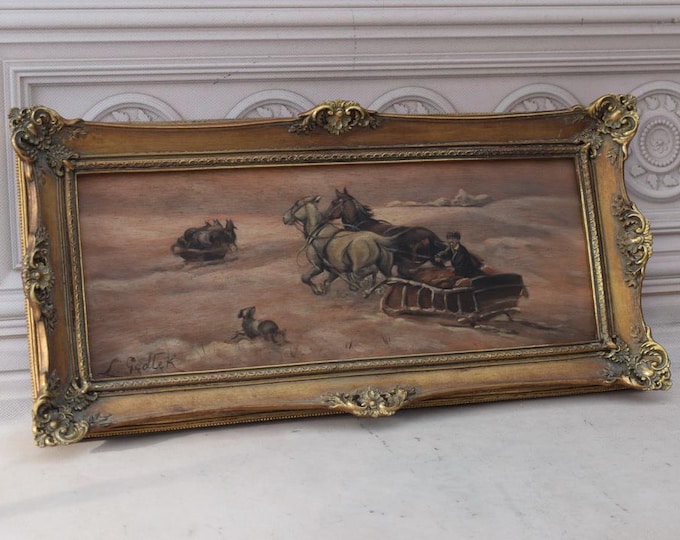 Antique Painting Hunting Trip - Falat Hunter Painting - Winter Landscape - Wall Home Decor - Nice Goldene Frame - Gift for Hunter